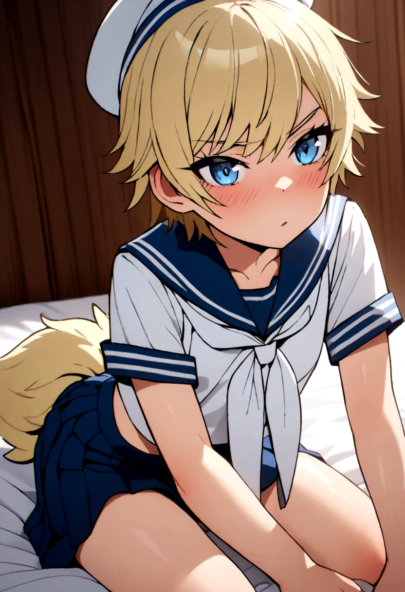 Blonde,wolf cut. Shota, sailor suit, sailor hat, blue eyes, tomboy, Naughty