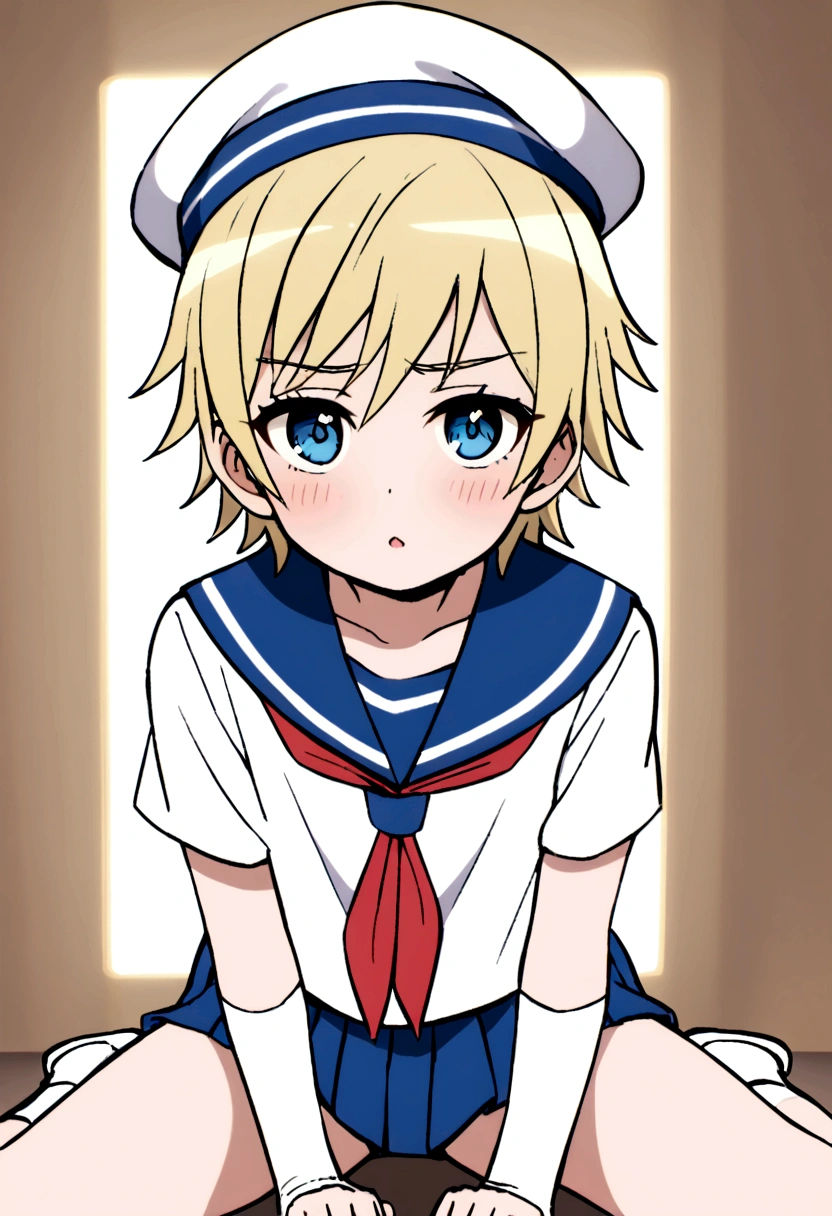 Blonde,wolf cut. Shota, sailor suit, sailor hat, blue eyes, tomboy, Naughty