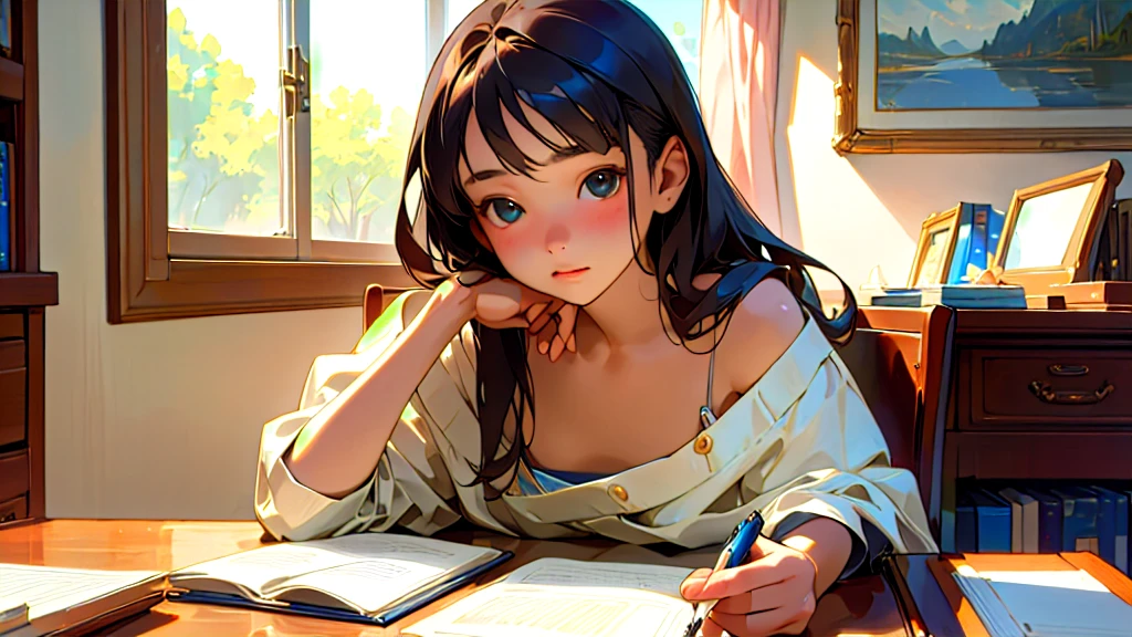 (Highest quality, masterpiece, Ultra-realistic), Beautiful and delicate15Year-old girl portrait, With a calm and gentle expression, The background is the bedroom in my own home.、I am studying hard at my desk.、camisole、Bust is C cup
