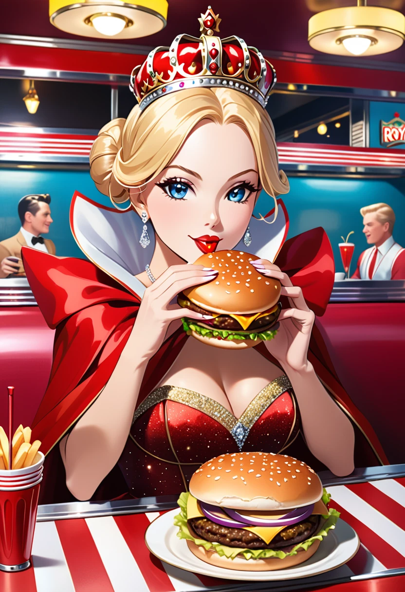 a picture of a royal queen eating a juicy hamburger, royal queen, blond hair, in a bun, dynamic eye color, wearing a royal (crown:1.2). elegant crown, glamour crown, wearing elegant dress, royal dress, royal cloak, high fashion, wearing high heels, sitting in diner, eating a juicy hamburger, delicious hamburger, her (scepter: 1.1) is on the table American diner background, she enjoys the hamburger,