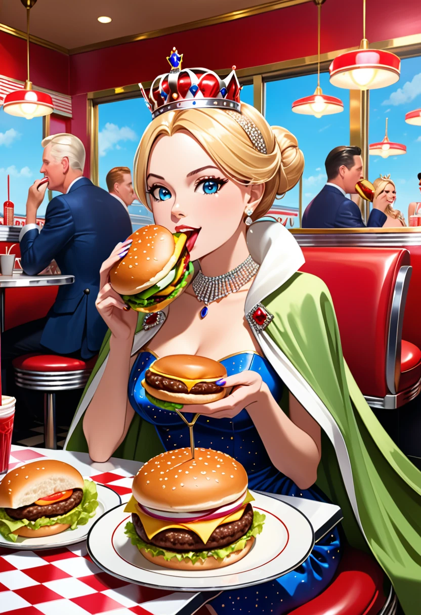 a picture of a royal queen eating  a juicy hamburger, royal queen, blond hair, in a bun, dynamic eye color, wearing a royal (crown:1.2). elegant crown, glamour crown, wearing elegant dress, royal dress, royal cloak, high fashion, wearing high heels, sitting in diner, eating a juicy hamburger, delicious hamburger, her (scepter: 1.1) is on the table  American diner background, she enjoys the hamburger, 