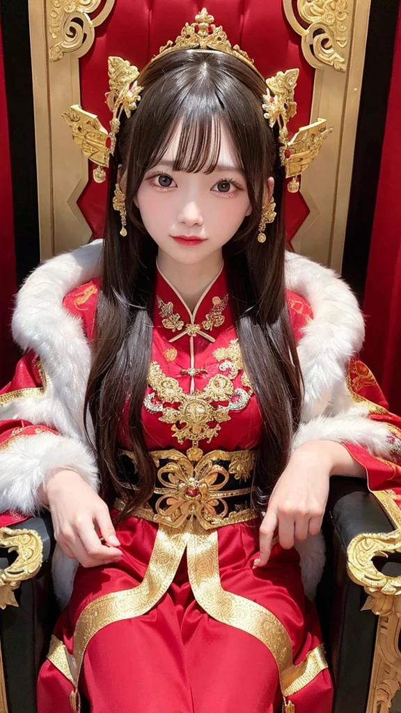 The Chinese Empress, wearing a luxurious dragon robe, sits cross-legged on a throne. The head chair has a dragon head sculpture, top-down view, courtiers flanking her left and right, the background is the Throne Hall. ,Highest quality, high resolution, 8k clarity : realistic 3D illustrations.