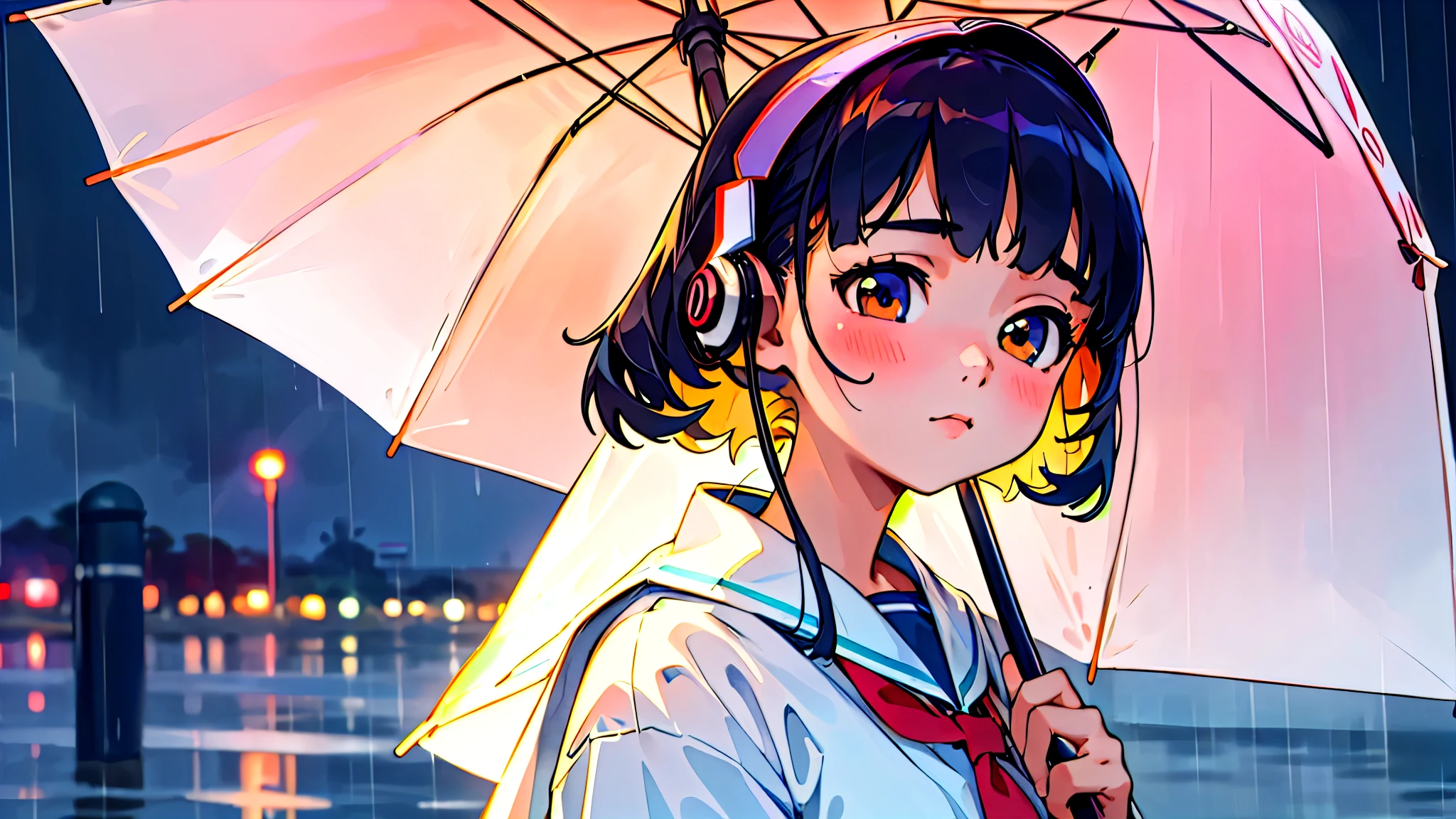 (Highest quality, masterpiece, Ultra-realistic), Beautiful and delicate１５Year-old girl portrait, Holding an umbrella、Calm expression, The background is a business district at night with glittering neon buildings.、Downpour during the rainy season、While listening to music with headphones、Looking at me。Sailor suit