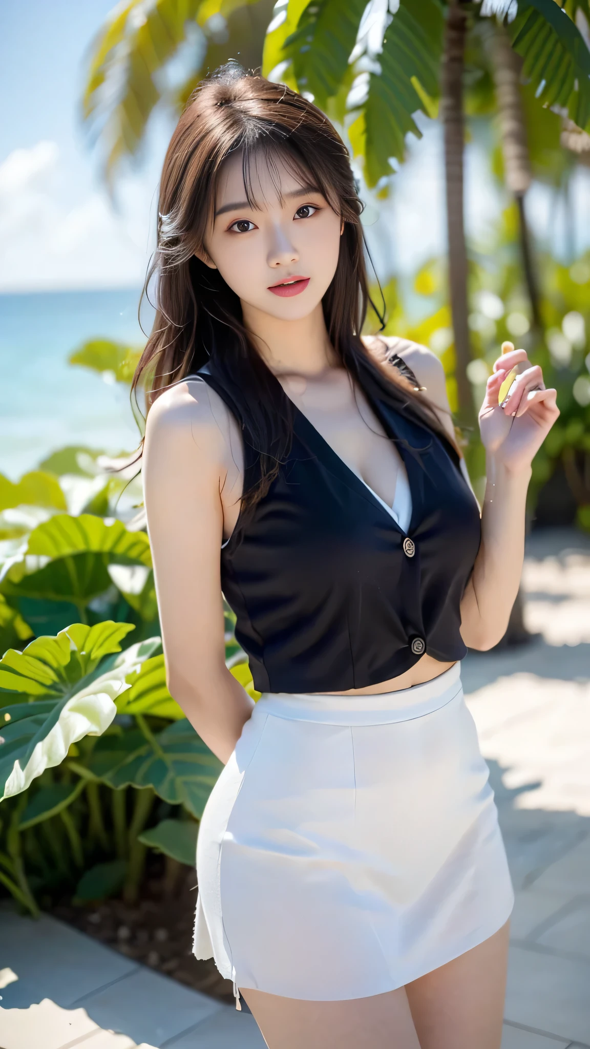 mahalaiuniform,white shirt short sleeves, black pleated skirt, ((Large Breasts)), ((D cup)), Visible cleavage,Highly detailed face and skin texture,((Bare shoulder)), Double eyelids,Skin Whitening,Long hair,Whitening long legs,Standing by the sea, Fashion Girl, Red lips, Sweet Girl, Beautiful makeup, detail, lifelike, Very detailed, Astonishing, beautiful, Young and energetic, high quality,HD, Colorful, Beautifully, Smooth skin, The skirt is very short, Official Art, Extremely detailed, Movie atmosphere, Soft colors, Natural skin texture, Random scene, random shooting Angle, Black over-the-knee socks, lace hem