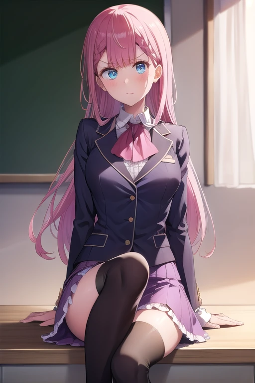 mafuyukirisu, mafuyu kirisu, blue eyes, braid, long hair, twin braids, pink hair, BREAK long sleeves, purple skirt, shirt, skirt, suit jacket, white shirt, blazer, BREAK looking at viewer, BREAK indoors, classroom, BREAK (masterpiece:1.2), best quality, high resolution, unity 8k wallpaper, (illustration:0.8), (beautiful detailed eyes:1.6), extremely detailed face, perfect lighting, extremely detailed CG, (perfect hands, perfect anatomy),kirisu mafuyu in class, class time, black stocking, holding condom in lips, slut face, seducing eyes,boots, center frills, dress, elbow gloves, frilled skirt, frills, gloves, magical girl, pink skirt, puffy short sleeves, puffy sleeves, purple thighhighs, short sleeves, skirt, thigh boots, thighhighs, tiara, white gloves, black thick panties, angry face, hand on chest, invinsible bra straps
