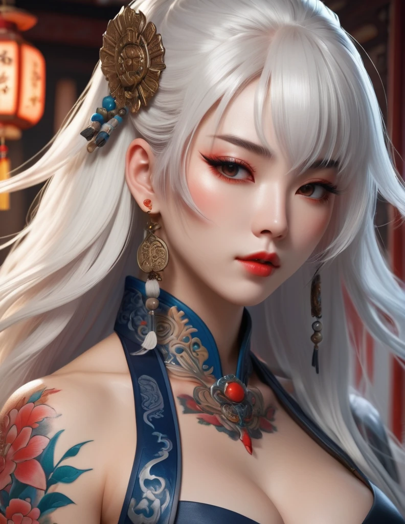 quality(8k wallpaper of extremely detailed CG unit, ​masterpiece, hight resolution, top-quality, top-quality real texture skin,hyper realisitic, digitial painting,increase the resolution,RAW photos，best qualtiy,highly detailed,the wallpaper),BREAK,8K, onmyoji-style art style , full face, long white hair , ancient room , muscular girl, body covered in tattoos 