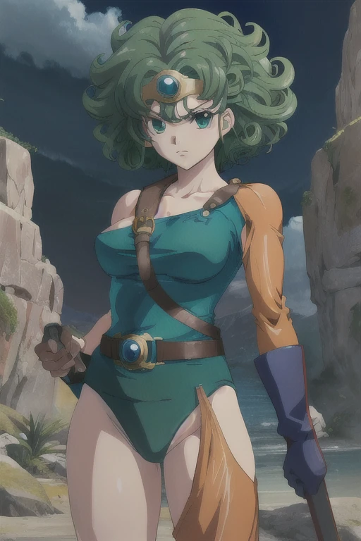 anime artwork anime artwork masterpiece,best quality, unreal engine, ultra res, extremely detailed
ROUND BREASTS, medium BREASTS
1girl, waist, slender,(muscular:0.9)
HEROINE,
CIRCLET, CURLY HAIR, GREEN HAIR, SHORT HAIR, ASYMMETRICAL CLOTHES, LEOTARD, BELT, SINGLE GLOVE, SINGLE SLEEVE, SINGLE THIGHHIGH
cave, holding sword, . anime style, key visual, vibrant, studio anime, highly detailed