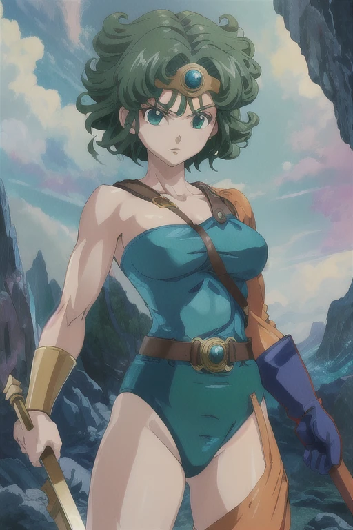 anime artwork  anime artwork masterpiece,best quality, unreal engine, ultra res, extremely detailed
ROUND BREASTS, medium BREASTS
1girl,  waist, slender,(muscular:0.9)
 HEROINE, 
CIRCLET, CURLY HAIR, GREEN HAIR, SHORT HAIR, ASYMMETRICAL CLOTHES, LEOTARD, BELT, SINGLE GLOVE, SINGLE SLEEVE, SINGLE THIGHHIGH
cave, holding sword, . anime style, key visual, vibrant, studio anime,  highly detailed