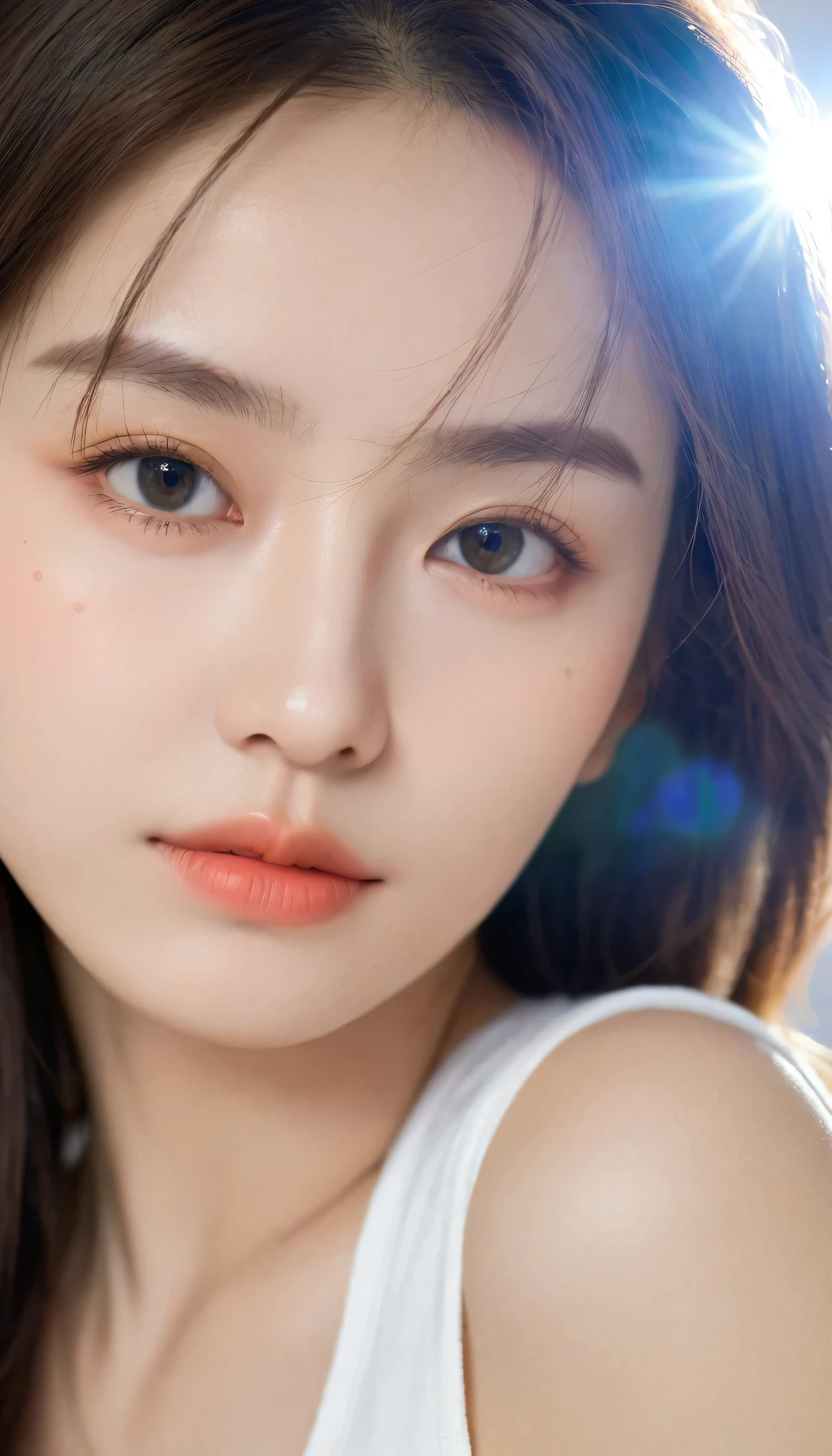 Wear, (photo Practical:1.4), (hyper Practical:1.4), (Practical:1.3),, (Smoother lighting:1.05), (Improve lighting quality:0.9), 32k,, 1 Girl,20 year old girl, Practical lighting, Backlight, There is light on the face, Ray Tracing, (Bright Lights:1.2), (quality improvement:1.4),, (Highest quality real texture skin:1.4), Delicate eyes, Delicate face, Exquisite eyes,, (Tired, sleepy and satisfied:0.0), Close-up of face, t-shirt,, (Increase body line emotions:1.1), (Enhance Skin Texture Beauty:1.1)