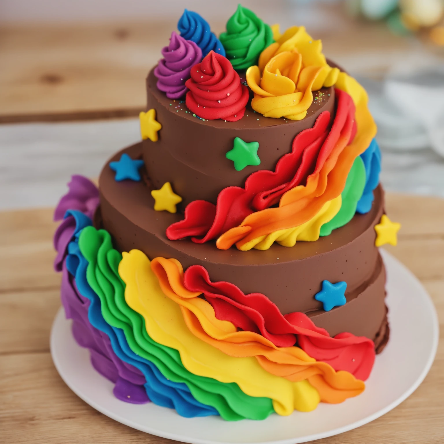 on a wooden table. there is a white plate. two-tier cake, chocolate cream cake, rainbow cream in the form of ruffles, decorated with rainbow stars made of polymer clay, multi-colored cream on top, against the background of the kitchen, Beautiful light from the window, Contour light, several light sources, beautiful lighting, Bright light source, bright lighting, beautiful light sources, Multiple light sources, Realistic style , realistic texture, detailed texture, A high resolution, high quality, beautiful photo of the cake, advertising photo, macro photography