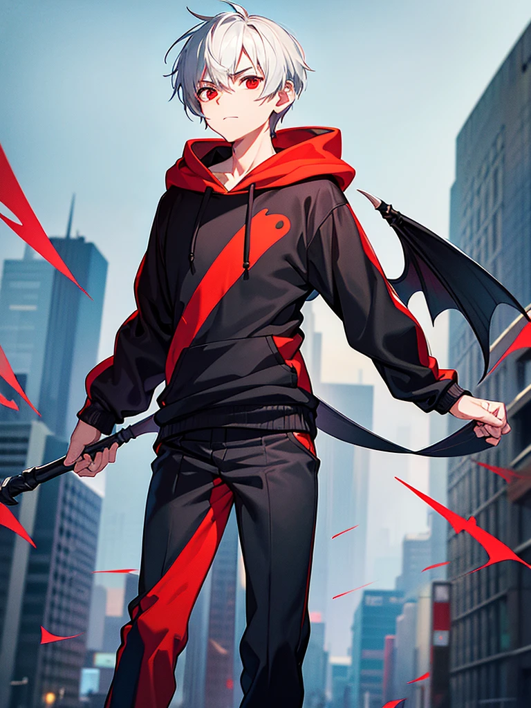A front of a young man with short white hair, red eyes, masculine face. Wearing a black hoodie with gray details. He is standing, looking to the side. On a center of a city. Dungeons and Dragons art direction, studio ghibli Style