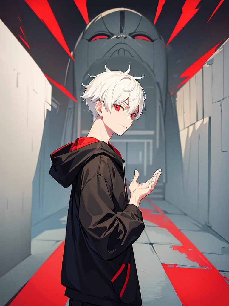 A front of a young man with short white hair, red eyes, masculine face. Wearing a black hoodie with gray details. He is standing, looking to the side. On a center of a city. Dungeons and Dragons art direction, studio ghibli Style