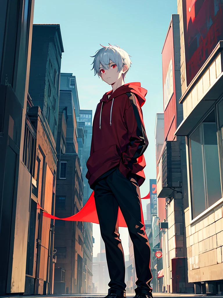 A front of a young man with short white hair, red eyes, masculine face. Wearing a black hoodie with gray details. He is standing, looking to the side. On a center of a city. Dungeons and Dragons art direction, studio ghibli Style