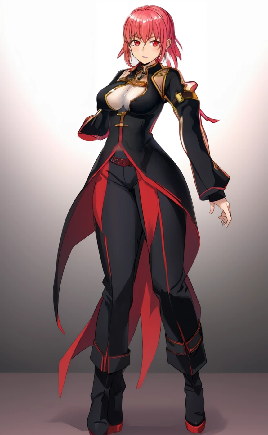a woman in a black and red outfit, roguish smirk, seductive anime girl, female anime character, female redhead templar, portrait of a female anime hero, black long pants, brown boots