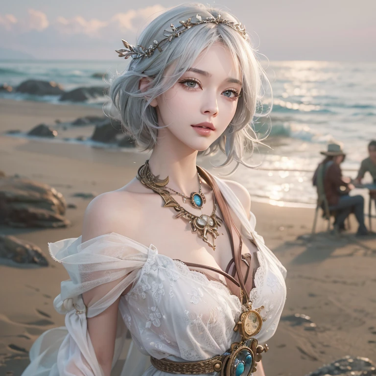 (masterpiece:1.3), (8K, Realistic, RAW Photos, Best image quality: 1.4), Fair-skinned fairy woman、Long Hair、Cleavage:2.0、Highly detailed face、Attention to detail、double eyelid、Chest to chest、Sharp focus:1.2、Beautiful woman:1.4、Silvery white hair、Highest quality、masterpiece、Ultra-high resolution、(Realistic:1.4)、Highly detailed and professionally lit smiles、Loose, Light, steampunk、Shoulder out、thin、Serious expression、Short-haired、Deadly position, One person、whole body,Walking on the beach、Gorgeous Necklace, Reptile Eyes:1.5