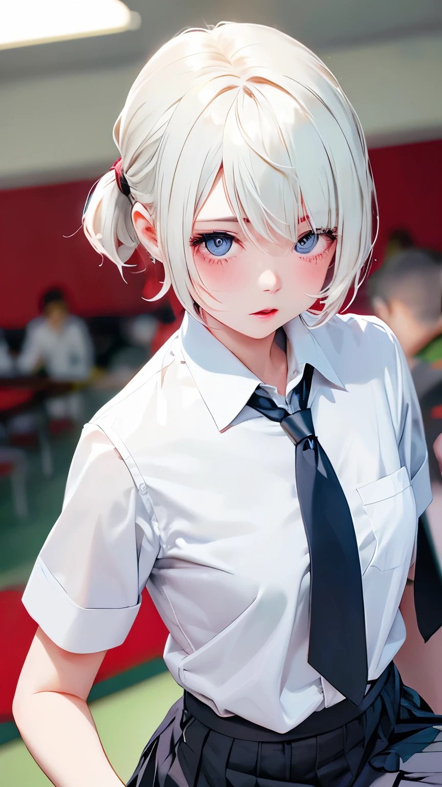 (Tabletop, Highest quality:1.2), 8K, 18-year-old, 85mm, Official Art, RAW Photos, Absurd, White dress shirt, Cute face, close, Upper Body, Viola Lace, Gardenia, beautiful girl, , (Navy Pleated Skirt:1.1), Squeeze the waist, Thighs, Short sleeve, classroom, ponytail、short hair、short hair、sit on bench seat, Looking at the audience, No makeup, (smile:0.4), Film Grain, chromatic aberration, Sharp focus, Face Light, Bright lighting, , Detailed face, Background Blur, (Dark red tie:1.1)、日本の学校のclassroom、classroom