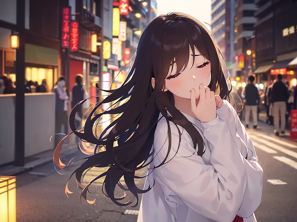 covering mouth with hand、Upper Body, Realistic, real person, (pale skin: 1.2), RAW photo, photorealistic, portrait photography, shiny skin, japanese idol、shiny hair、(25 year old woman with medium hair with bangs) and (wavy hair) and (brown hair) and (closed eyes:1.5) , plain white t-shirt , The background is a shopping street at night、Alone、Are standing