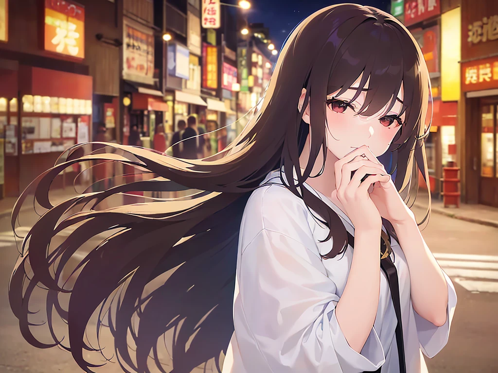 covering mouth with hand、Upper Body, Realistic, real person, (pale skin: 1.2), RAW photo, photorealistic, portrait photography, shiny skin, japanese idol、shiny hair、(25 year old woman with medium hair with bangs) and (wavy hair) and (brown hair) and (closed eyes:1.5) , plain white t-shirt , The background is a shopping street at night、Alone、Are standing