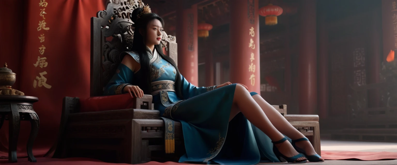 score_9, score_8_up, score_7_up, source_photo, photography, realistic, rating safe, from side, cinematic lighting, ultra detailed, absurdity, 1girl, Wu Zetian, sitting on Chinese Throne, Chinese Palace, hands on knees,  long hair, black hair, masterpiece, 8K, 