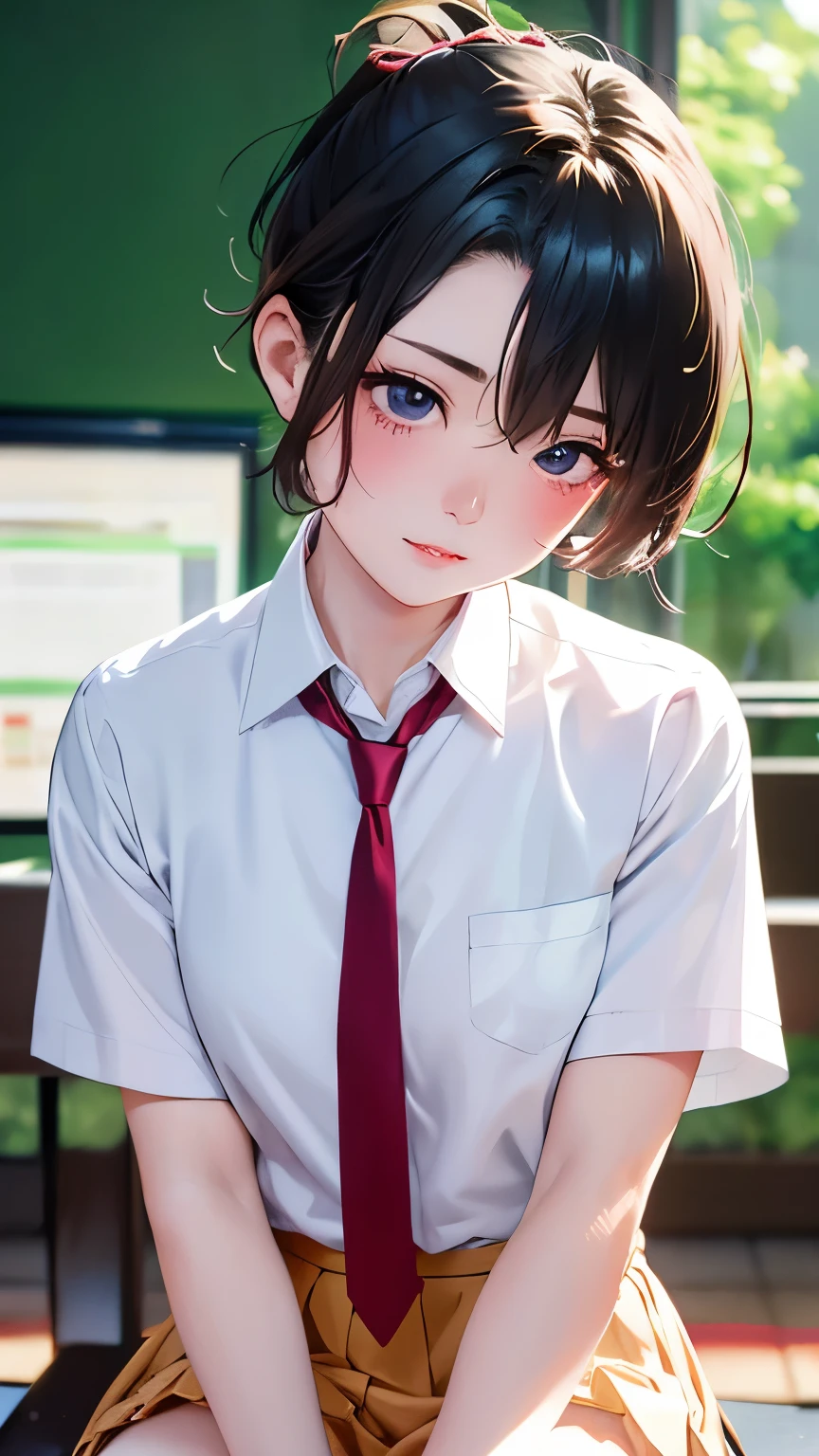 (Tabletop, Highest quality:1.2), 8K, 18-year-old, 85mm, Official Art, RAW Photos, Absurd, White dress shirt, Cute face, close, Upper Body, Viola Lace, Gardenia, beautiful girl, , (Navy Pleated Skirt:1.1), Squeeze the waist, Thighs, Short sleeve, classroom, ponytail、short hair、short hair、sit on bench seat, Looking at the audience, No makeup, (smile:0.4), Film Grain, chromatic aberration, Sharp focus, Face Light, Bright lighting, Teen, Detailed face, Background Blur, (Dark red tie:1.1)、日本の学校のclassroom、classroom
