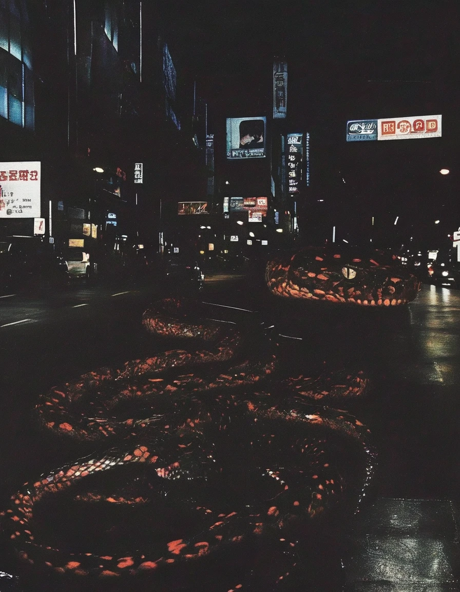 dark bangkok street at night with giant snake 