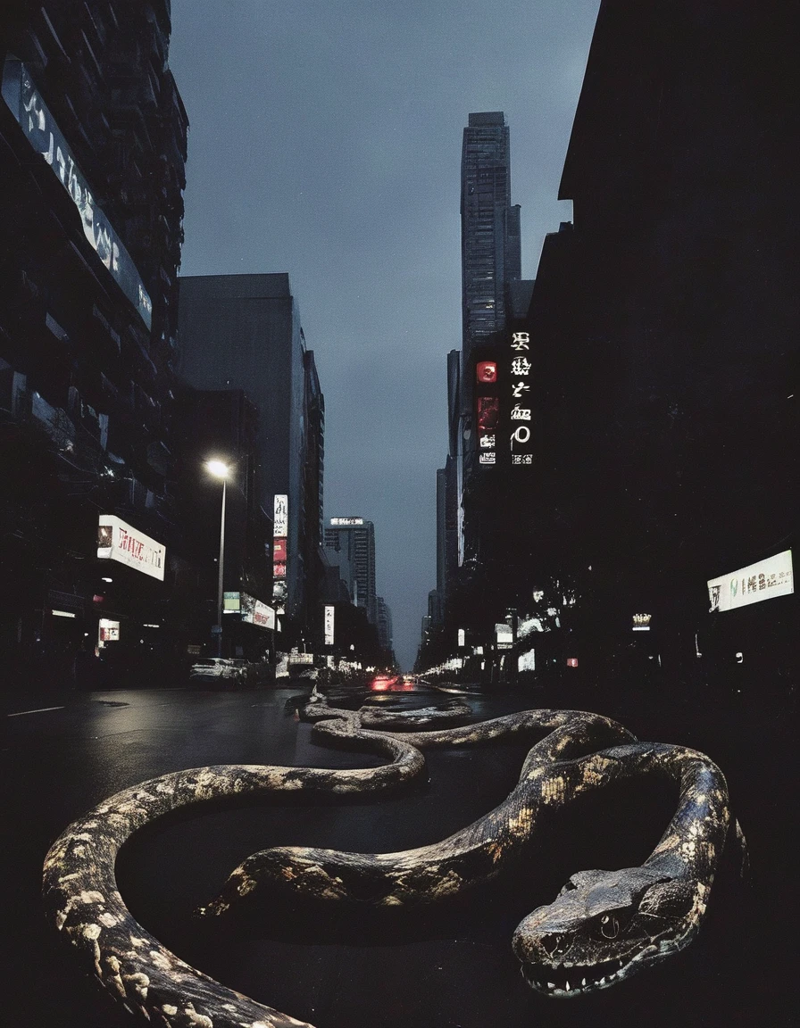 dark bangkok street at night with giant snake 