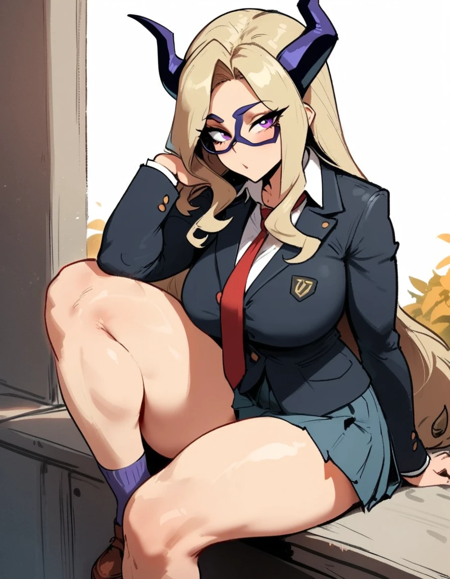 1girl, mount lady, boku no hero academia \\\\\ masterpiece, best quality, very aesthetic, absurdres, newest \\\\\\ sportive body, \\\\\\ by dodok, nyantcha, cutesexyrobutts, by khyle ///// blonde, purple eyes, (school uniform:1.2), skirt, , 24 years old, white background,tie,sit, big tits,