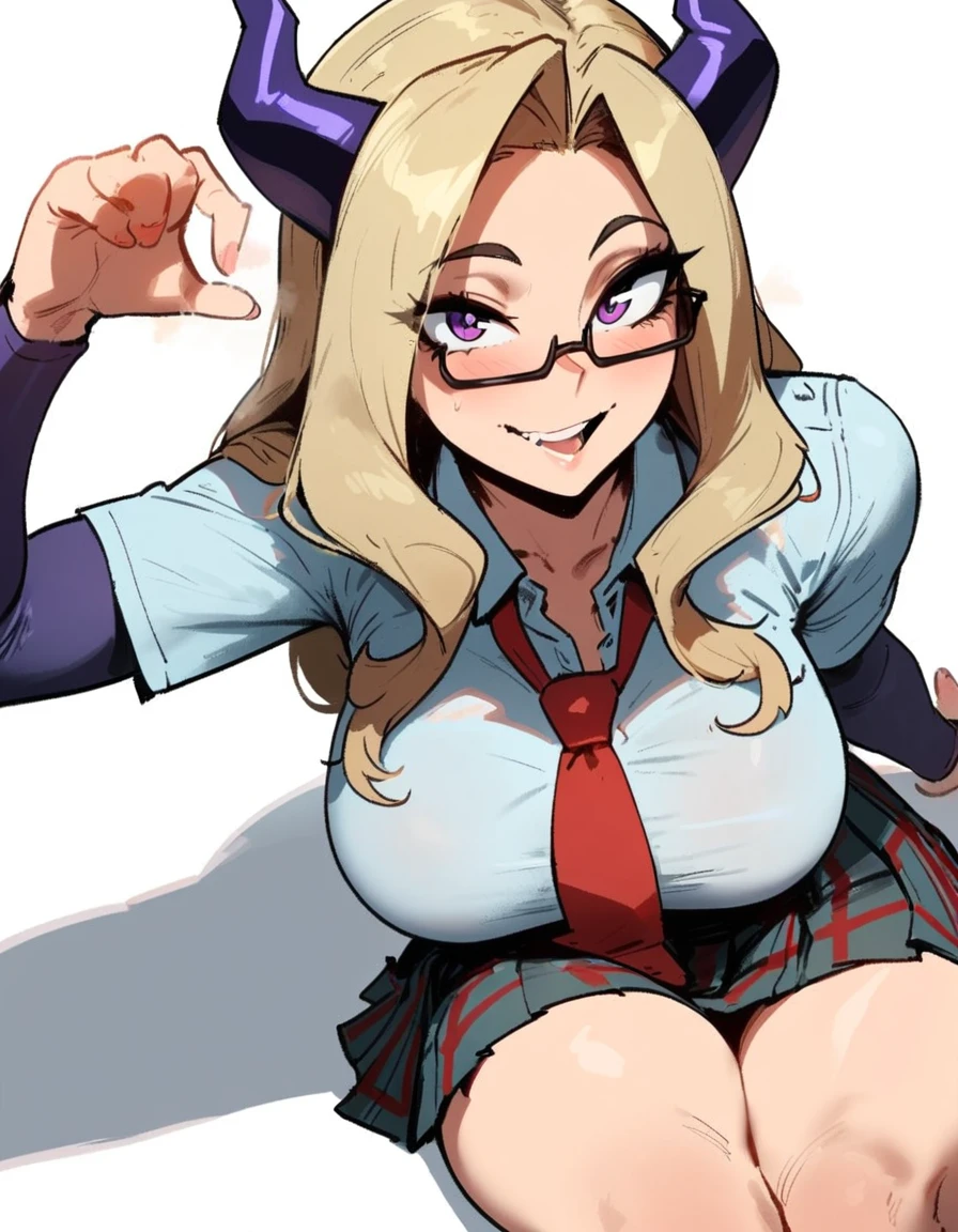 1girl, mount lady, boku no hero academia \\\\\ masterpiece, best quality, very aesthetic, absurdres, newest \\\\\\ sportive body, \\\\\\ by dodok, nyantcha, cutesexyrobutts, by khyle ///// blonde, purple eyes, (school uniform:1.2), skirt, , 24 years old, white background,tie,sit, big tits,