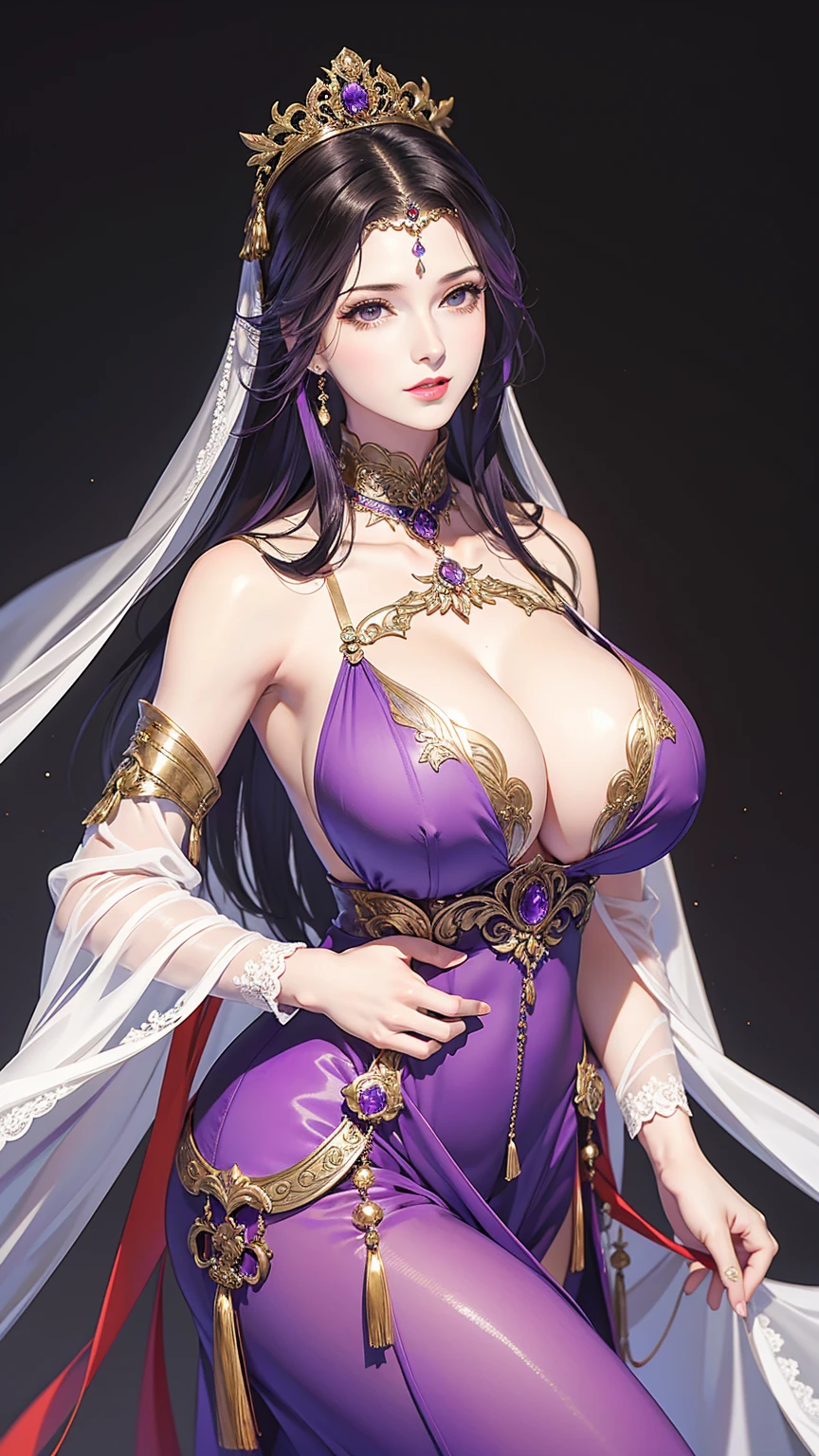 masterpiece, best quality, female, fortune, face portrait,ranni,purple hair,long hair, beautiful,breasts curtais,pale skin,milf,busty,big breasts,split dress,sideboob,empress,huge breasts,sexy bride outfit,garter belt,liff skirt,dress,(hip cutout),revealing hip,cleavage to navel,wet,oiled skin