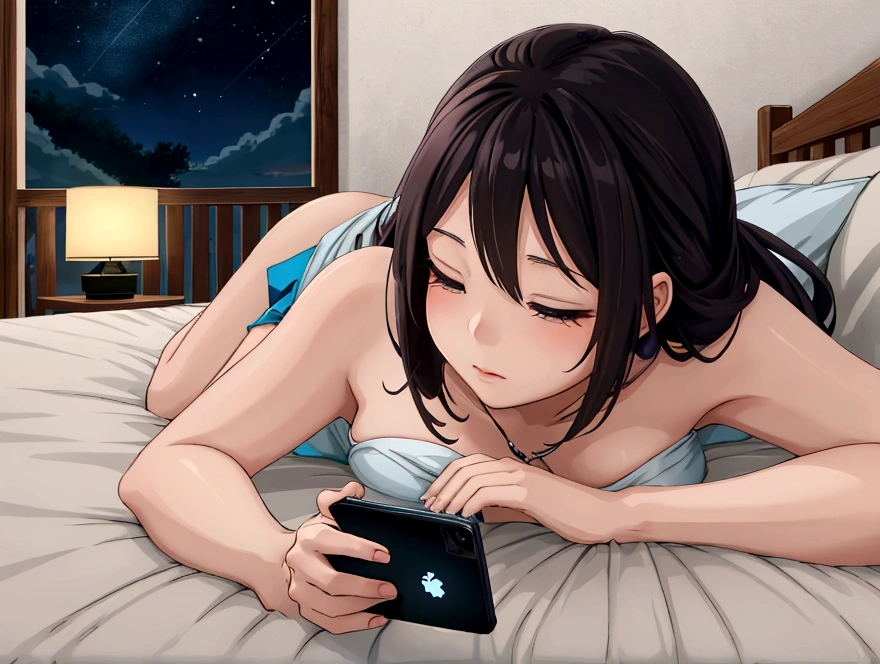 cell phone電話を手に持ち、Anime woman lying in bed looking at a screen, late night, nighttime, Beautifully illuminated, Illuminated from the side, night, cell phone電話をチェックする, Digital Enhancement, Portrait Shot, night - time, night time, Anime woman lying in bed looking at her smartphone, night-time, cell phone, Low light, The lighting is dim
