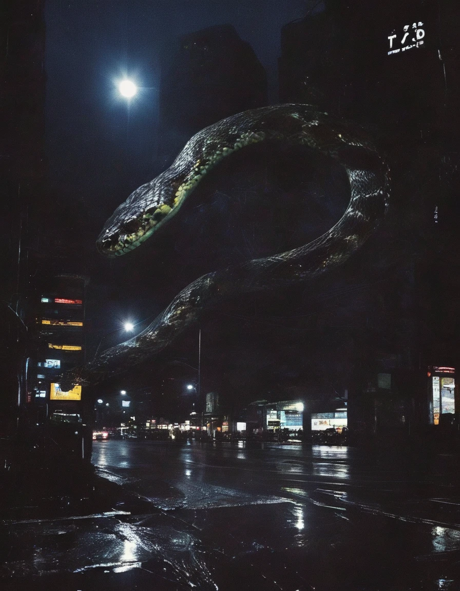 dark bangkok street at night with giant snake in distance