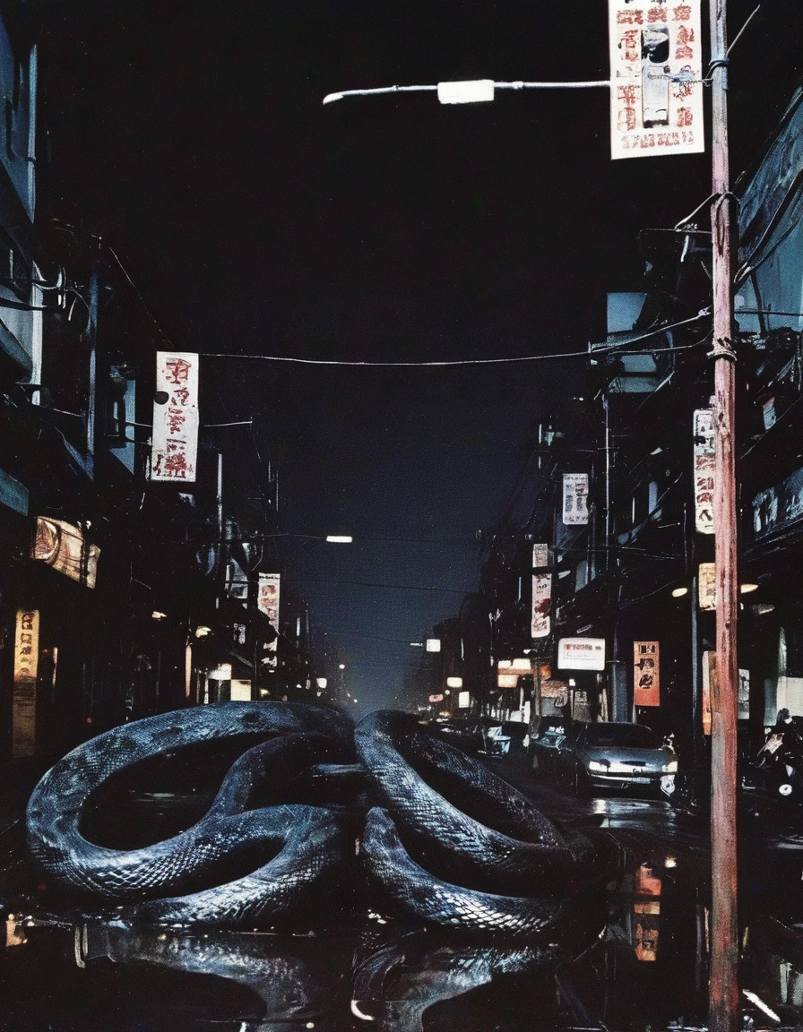 dark bangkok street at night with giant snake in distance