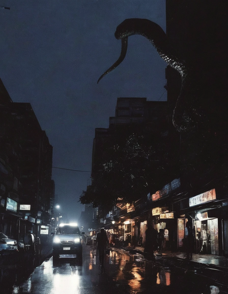 dark bangkok street at night with giant snake in distance