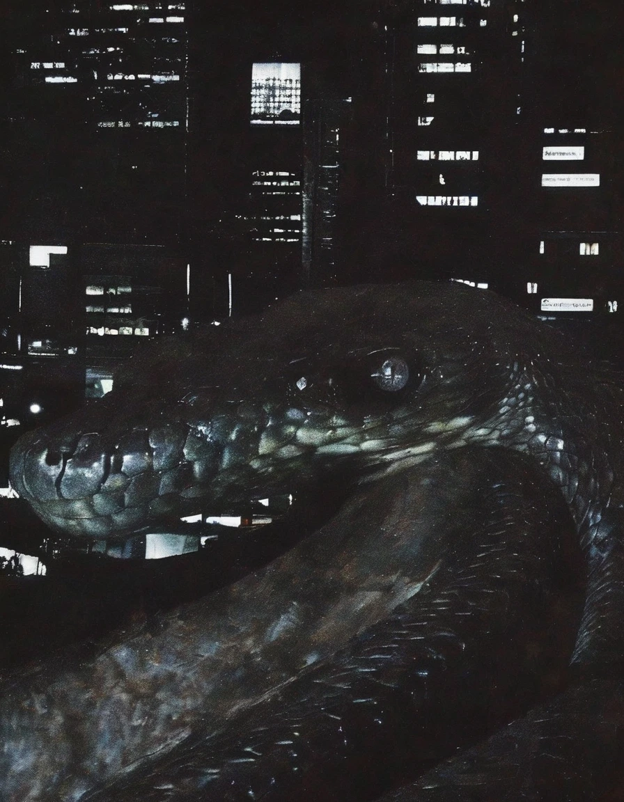 dark bangkok street at night with giant snake in distance