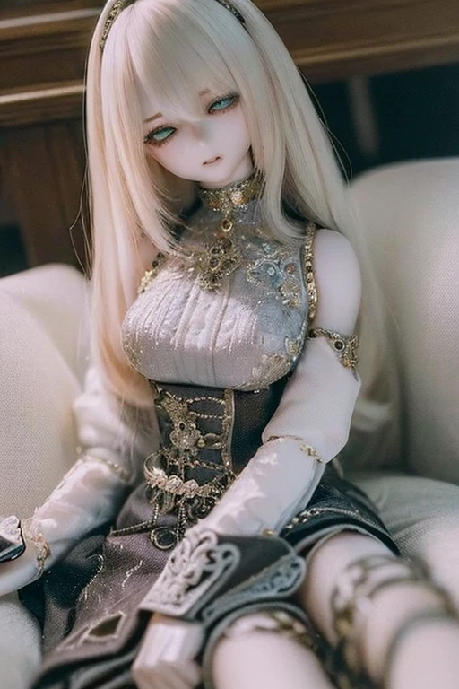 photorealistic, realistic photo, ((highest quality)), ((masterpiece)), (extremely detailed), kukolnydom, doll, (mature woman:1.7), solo, sitting on sofa, green eyes, (looking down, blank eyes, empty eyes, detailed eyes:1.3), light smile, dress, museum, 8k