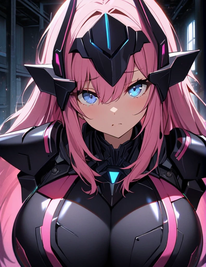 1girl,solo,pink hair color,long hair,light blue eyes,super huge breasts,Wearing black sci-fi armor,Armor adheres closely to body lines,Cool-headed expression,close mouth,In a dimly lit warehouse,looking at viewer,holding a gun pointed at us,