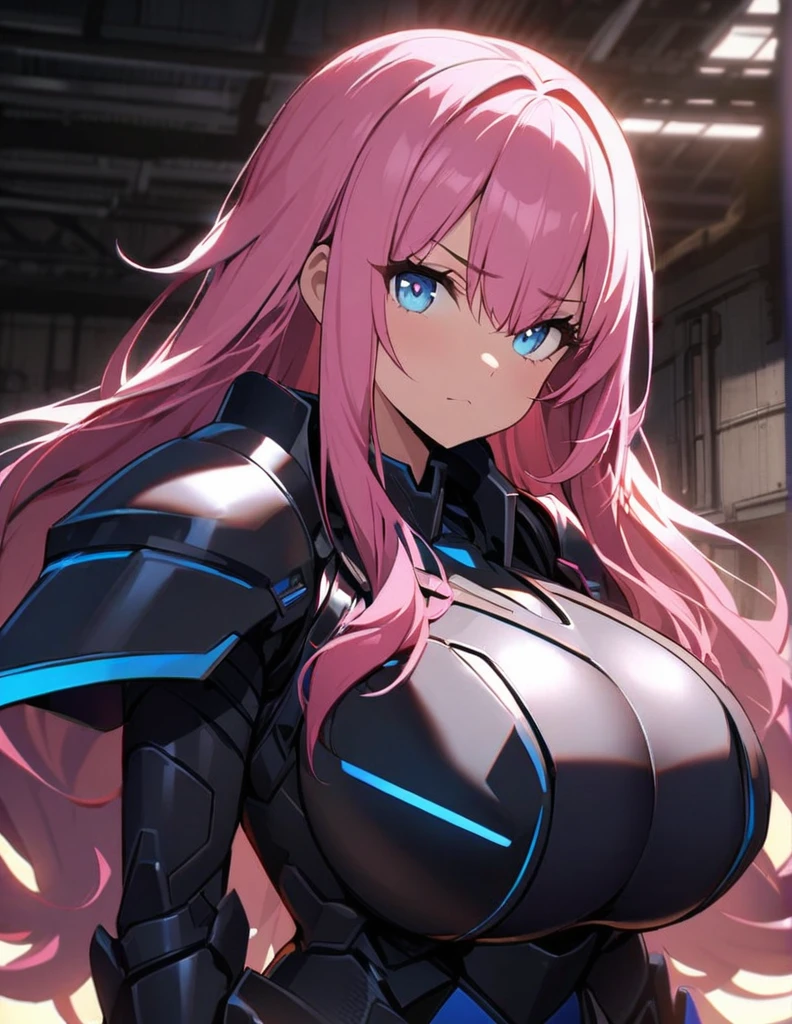 1girl,solo,pink hair color,long hair,light blue eyes,super huge breasts,Wearing black sci-fi armor,Armor adheres closely to body lines,Cool-headed expression,close mouth,In a dimly lit warehouse,looking at viewer,holding a gun pointed at us,