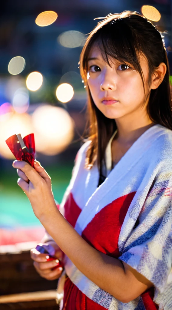 
Create an AI-generated image of a girl wearing a yukata at a fireworks festival. The girl should be alone and looking sad as she gazes up at the fireworks in the night sky. Her face should reflect melancholy, illuminated softly by the light of the fireworks. The background should include elements of a traditional Japanese festival, such as food stalls and lanterns, but the focus should be on the girl's expression and the contrast between the festive atmosphere and her sadness.
