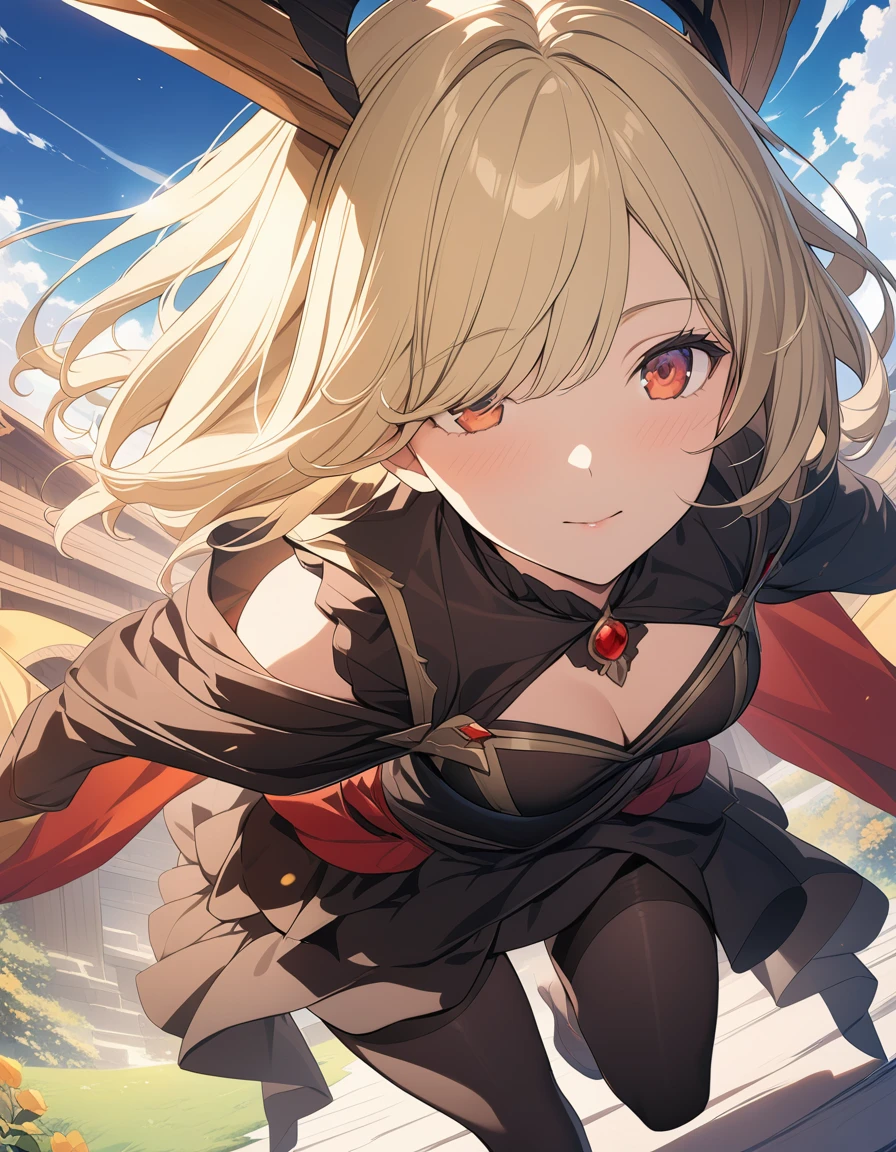 A mature, sexy woman with short light yellow hair, bangs covering her left eye, orange-red eyes, open-chested black blouse, hip-hugging skirt, black stockings, Tomorrow's Ark, close-ups, close-ups, beautiful anime illustration wallpapers, masterpieces, perspective, best quality, interplay of light and shadow,...