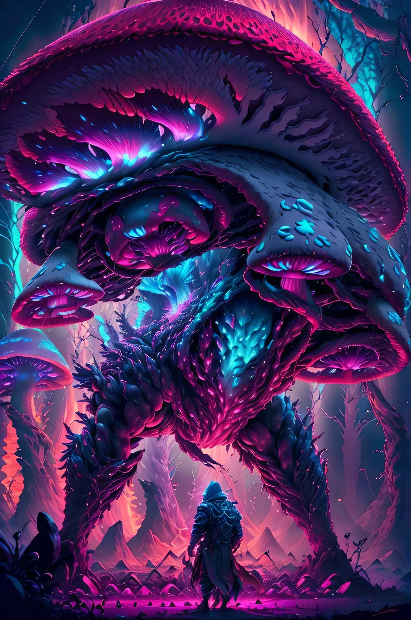 fantasy00d, , glowing light , neon lighting , glowing mushrooms , vibrant colors , a giant warrior is angry