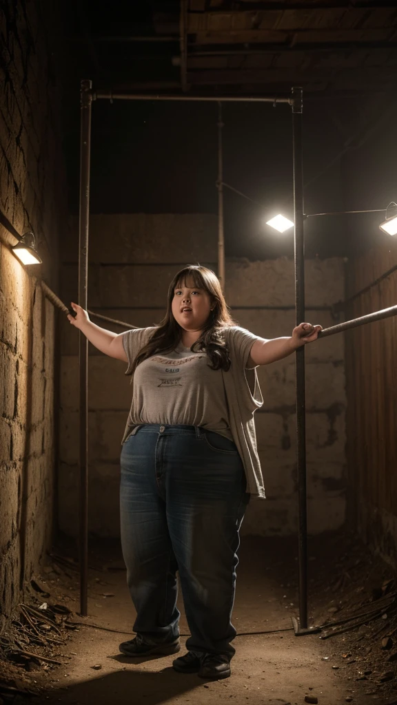 A very fat, obese 10-year-old girl in an underground prison, looking excited, detailed facial features, (best quality,4k,8k,highres,masterpiece:1.2),ultra-detailed,(realistic,photorealistic,photo-realistic:1.37),HDR,UHD,studio lighting,ultra-fine painting,sharp focus,physically-based rendering,extreme detail description,professional,vivid colors,bokeh,dark and moody atmosphere,cinematic lighting,dramatic shadows,claustrophobic environment,rusty metal bars,stone walls,dirt floor,glowing lights,excited expression,chubby cheeks,double chin,plump body,thick arms and legs