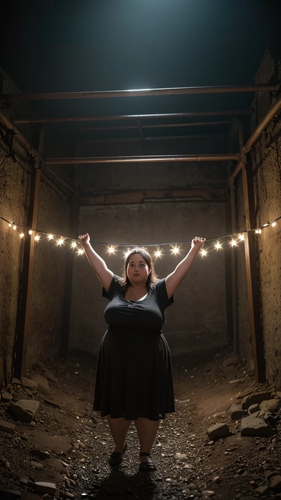 A very fat, obese 10-year-old girl in an underground prison, looking excited, detailed facial features, (best quality,4k,8k,highres,masterpiece:1.2),ultra-detailed,(realistic,photorealistic,photo-realistic:1.37),HDR,UHD,studio lighting,ultra-fine painting,sharp focus,physically-based rendering,extreme detail description,professional,vivid colors,bokeh,dark and moody atmosphere,cinematic lighting,dramatic shadows,claustrophobic environment,rusty metal bars,stone walls,dirt floor,glowing lights,excited expression,chubby cheeks,double chin,plump body,thick arms and legs