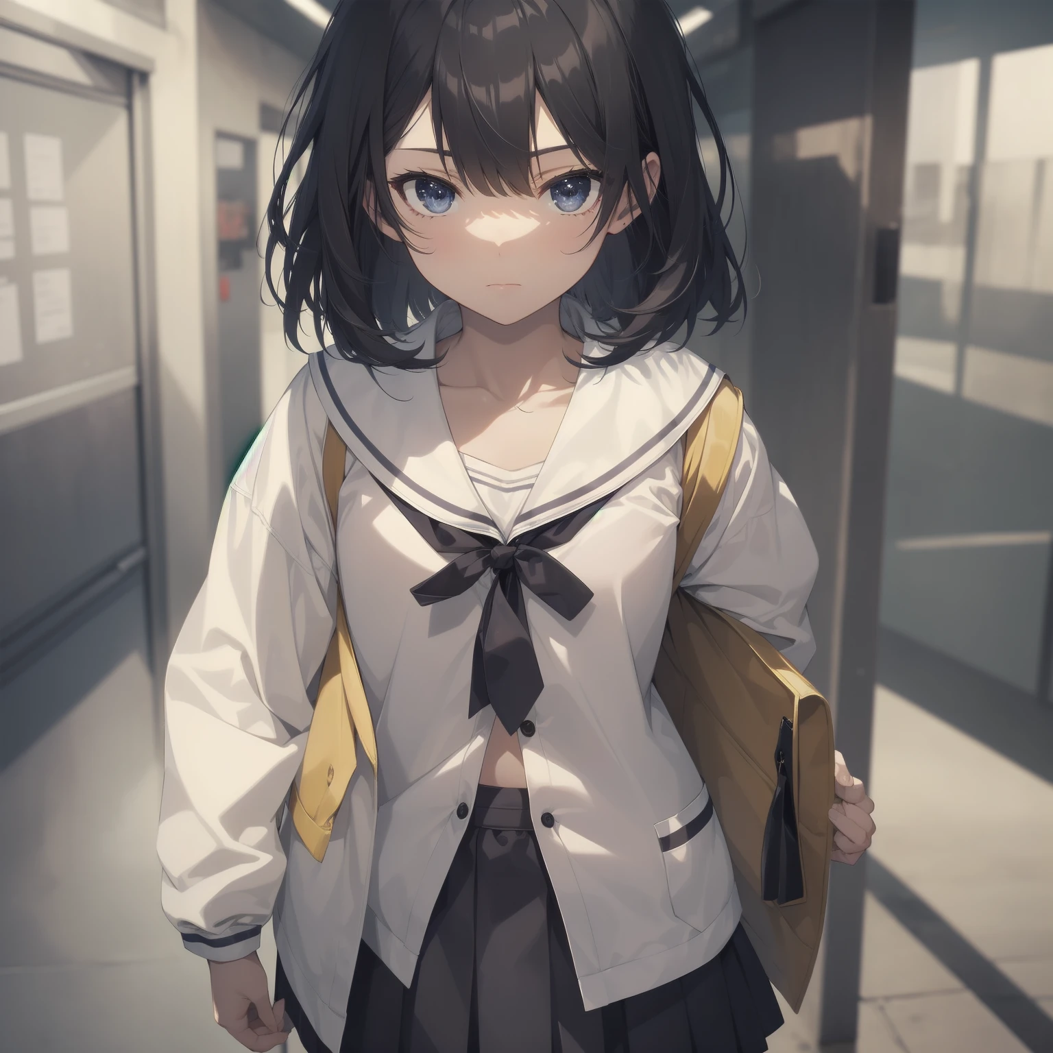 ultra-absurdres-Top quality by artist God, ultra-detailed, high resolution, anime moe artstyle, best anime 8k konachan wallpaper, pixiv contest winner, pool:2810, perfect anatomy,break, 1girl, (Please draw a girl walking sleepily to school alone. )break,(Solo,little female, 13-year-old:1.3),Full limbs, complete fingers,a junior high school student, (very short hair), short cut, flat chest, , small butt, small black eyes, beautiful detailed eyes, well-proportioned iris and pupils, expressive eyes, highres detailed hair, soft expression, salor school_uniform, sailor collar, serahuku, bow, pleated skirt,(Detailed Lighting), (Detailed background), in the School commute route. break,super detailed skin, Best cinematic lighting powered by famous artist, 8k,beauty illustration,photoshop_(medium),very aesthetic,break,((artist:sincos )), artist:clamp ,artist:carnelian ,artist:kantoku ,