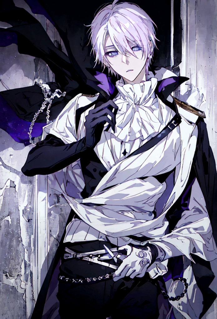 anime styling, best qualityer, white male, pale,Messy hair, weak purple hair, clear blue eyes, bangs covering one eye, right eye covered, piercings na orelha, expression of boredom, tight bodice, white clothing covering the shoulders, voluminous bouffant, Black boots, doctor, RPG, medieval theme, Malignant, black leather gloves with metallic details, necklace that hangs around the neck, dark circles in the eyes, long black cape, leather sheath with blades, leaning posture, standing, loose pants, Scrawny
