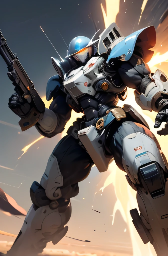 Highest quality、8K、Fantasy、masterpiece、Giant robot whole body、The colors are light blue and white、Glossy body with exquisite details、Slim, well-proportioned limbs、Military helmet-like head、Precisely drawn goggle eyes、Shooting a rifle into space、Shining in the sunshine、explosion、flash