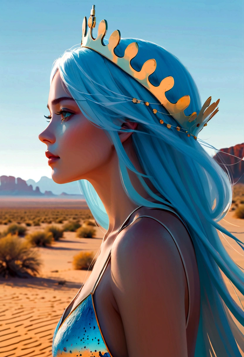 Queen, crown, Luminous design, Soft colors, Ink Drops, Staring into the distance，A striking head of light blue hair flutters gently in the desert breeze. The scenery behind is vast and breathtaking, Lead the audience into a wonderful and exploratory world.