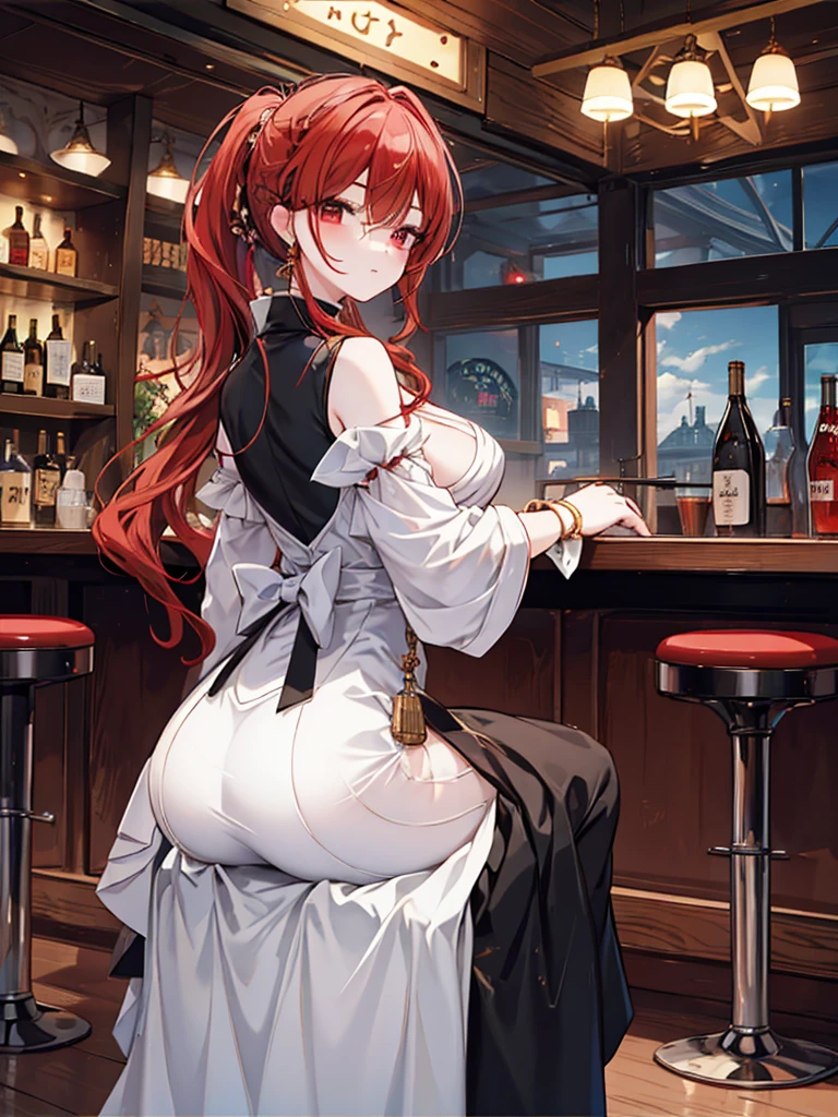 look back女, Long skirt, Anime style painting, An illustration, liquor, Woman sitting at a bar drinking a cocktail, look back, Turn your back, Small face, 背景の棚には多彩な色のliquor瓶が並んでいる, Quiet bar, Calm expression, Perfect hands, elder, Red Hair, The dignity of a 50-year-old, ほろ酔いのwoman, solo、(Highly detailed background:1.0)、(Highly detailed background:1.0)、masterpiece、Highest quality、(Babes)、Fractal Art、Red eyes、Narrow eyes、Black and red dress, Reddish lips、From the shoulders up、smile、One Woman、Red long ponytail, Curly Hair, Red eyes,Golden accessories, solo, Big Breasts, woman, Take-out, Provocative laughter,40 year old woman,Queen of Sadism, Highly detailed background, Perfect Human Medicine,