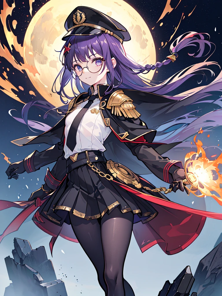 realisitic, City Deserted, Pile of rubble, Brick building, a one woman (18 years old, far away blackw hair, far away slits, Eyes red, glare eyes, 精致的面容, standing (In floor, feet shoulder-width apart), Lolita style military uniform (blackw base, Red Insert, golden decoration, volantes, wide sleeves, dainty and delicate detailing armors), blackw far away gloves (blackw, Red Insert, golden decoration, small hands, armors), blackw far away gloves, knee high boots (blackw, high-heels, red soles), ha (blackw, aba dourada, shield emblem, delicate details), arms in front, Front of belly, Holding military swords with both hands (blackw, golden decoration, delicate detail, Handle at the top, Ground-facing blade, in front of the body, far away), night sky (blackw, stele, Increased flames and smoke), Pale painting style, One Girl, super high quality, Super Detail, Super Detailed image, long hair, looking at viewer, skirt, shirt, hair ornament, violet eyes, gloves, round glasses, long sleeves, hat, closed mouth, jacket, violet hair, braid, open clothes, necktie, black gloves, black skirt, uniform, single braid, open jacket, black jacket, black headwear, 手链, peaked cap, black necktie, cropped jacket, military hat, pantyhose, Flat Chest, smile, Black Cape