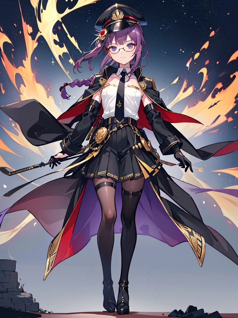 realisitic, City Deserted, Pile of rubble, Brick building, a one woman (18 years old, far away blackw hair, far away slits, Eyes red, glare eyes, 精致的面容, standing (In floor, feet shoulder-width apart), Lolita style military uniform (blackw base, Red Insert, golden decoration, volantes, wide sleeves, dainty and delicate detailing armors), blackw far away gloves (blackw, Red Insert, golden decoration, small hands, armors), blackw far away gloves, knee high boots (blackw, high-heels, red soles), ha (blackw, aba dourada, shield emblem, delicate details), arms in front, Front of belly, Holding military swords with both hands (blackw, golden decoration, delicate detail, Handle at the top, Ground-facing blade, in front of the body, far away), night sky (blackw, stele, Increased flames and smoke), Pale painting style, One Girl, super high quality, Super Detail, Super Detailed image, long hair, looking at viewer, skirt, shirt, hair ornament, violet eyes, gloves, round glasses, long sleeves, hat, closed mouth, jacket, violet hair, braid, open clothes, necktie, black gloves, black skirt, uniform, single braid, open jacket, black jacket, black headwear, 手链, peaked cap, black necktie, cropped jacket, military hat, pantyhose, Flat Chest, smile, Black Cape