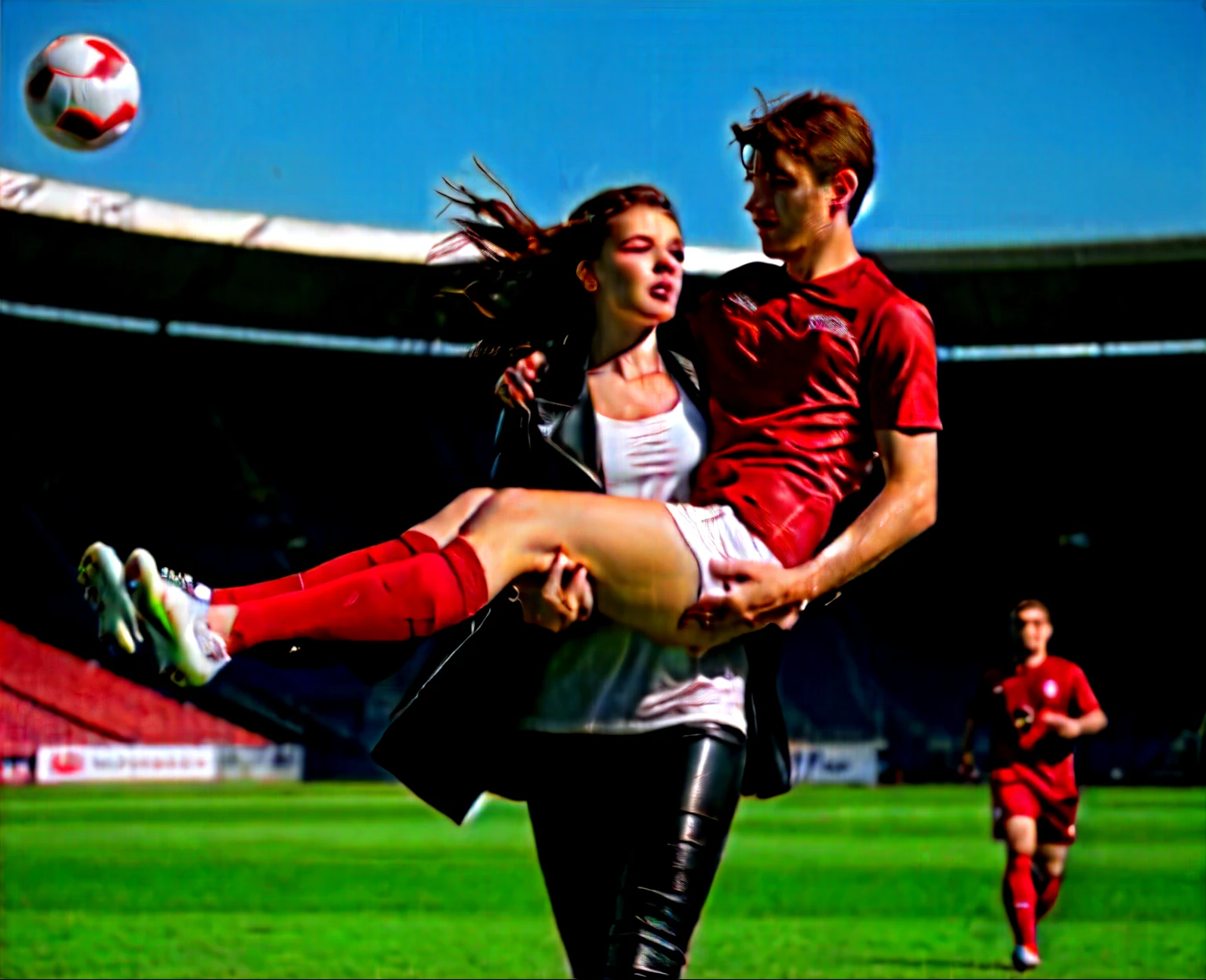 his head hangs down, his body hangs weak and unconscious, fainting, fainted man, unconscuous man, passed out, Andrea carries the wounded man's body in her hands, Andrea grabs his legs and his body with her hands, the bearded man in Andrea's arms is visibly in pain, stadium atmosphere, the bearded man is lying consciousless in Andrea's arms with one arm hanging down, A scene at a soccer stadium, a bearded man lying in a caring women's arms, lying helpless in her arms with his head dangling down, he has one arm dangling down while being carried in the women's arms, There is an attractive and heavily made-up woman in a long black leather coat, A pretty woman in a shiny black leather coat on a soccer field, A wonderful woman is holding a passed out man, A man in matt and roughened sportswear is held diagonal in her arms, a man in a woman's arms and lets one arm dangling down, we see the man held in front of the woman's body, the man is cradled in the woman's arm while being carried, the beautiful woman is exceptionally heavily made up and has an extremely desperate and very angry expression on her face, high-resolution photo, realistic sports photo, soccer scene, woman in black shiny long leather coat, injury scene, real photo, ultra realistic, high definition, sports photography